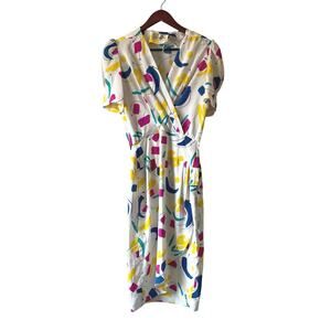 Vintage 80s colorful‎ abstract shapes puff sleeve midi dress xs